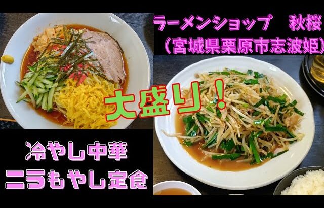 【大盛り】宮城県栗原市志波姫のデカ盛り店ラーメンショップ秋桜（コスモス）で２種類の大盛りを食べてきました😊　#大食い 　#冷やし中華　#ニラもやし定食