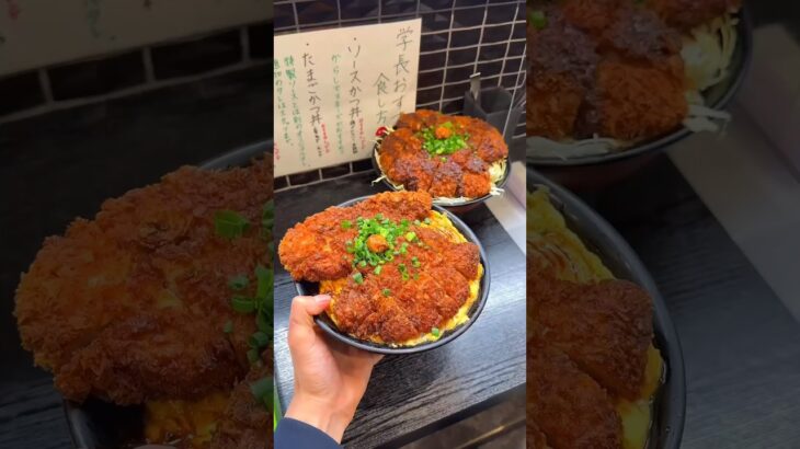 ジューシーなロースを使用したデカ盛りカツ丼！半熟卵を敷いたカツ丼と濃厚ソースカツ丼の好きな方を選べるシステム【豚大学とんかつ学部：神保町】