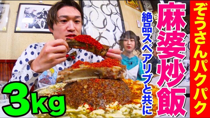 【大食い】ぞうさんパクパクが麻婆炒飯と絶品スペアリブ３kgを夢中で食べ尽くす！激辛スパイスと”緑の麻婆”の正体とは!?【大胃王】【MUKBANG】【デカ盛りハンター】【モッパン】